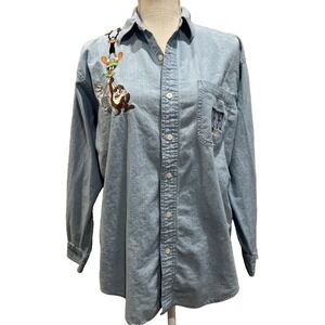 Vtg 90s Denim Looney Tunes Shirt Sm Warner Bros Blue Embroidered Button Up Taz